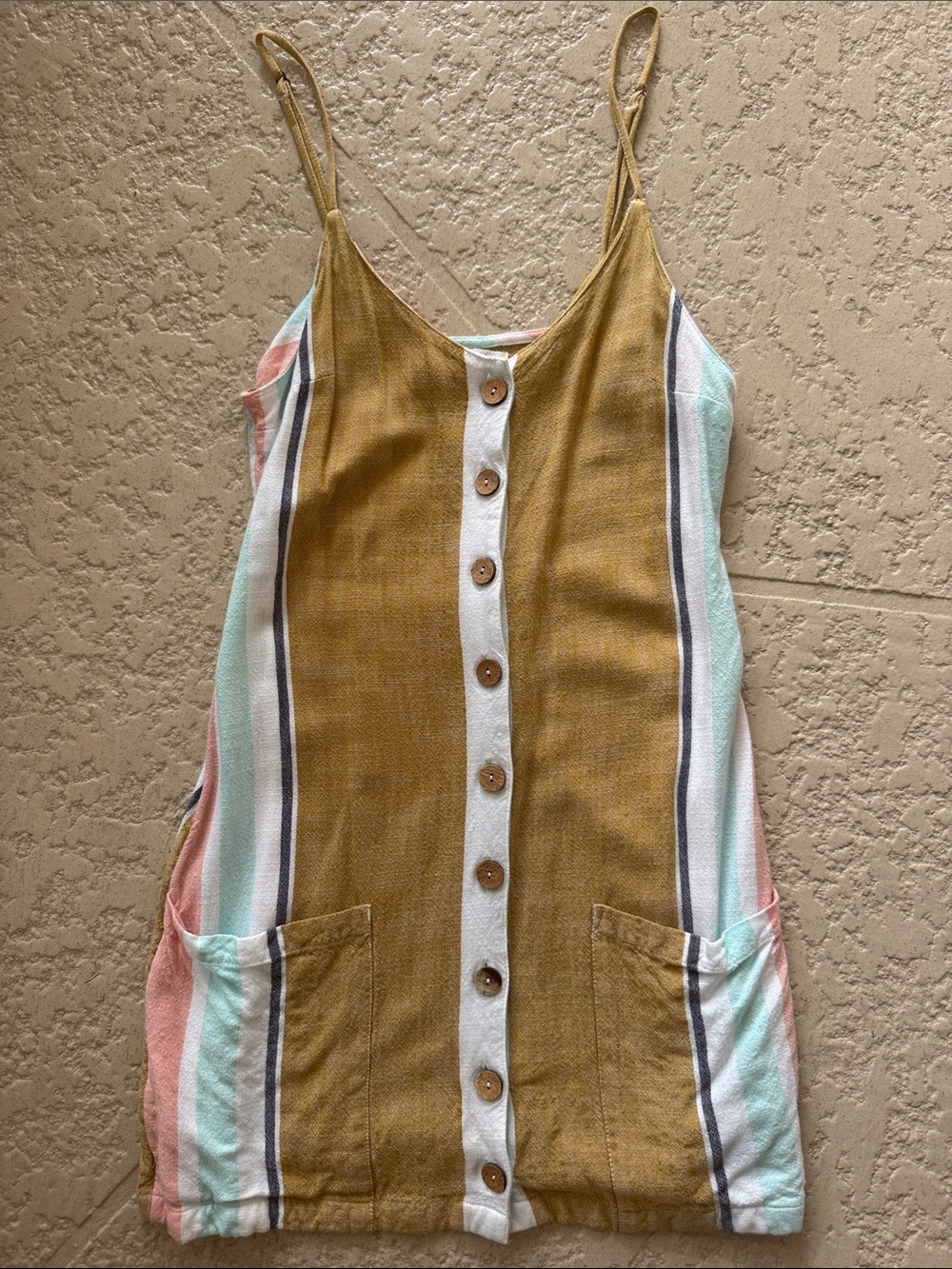 Rip Curl Mustard Stripe Mini Dress with Pastel Side Panels